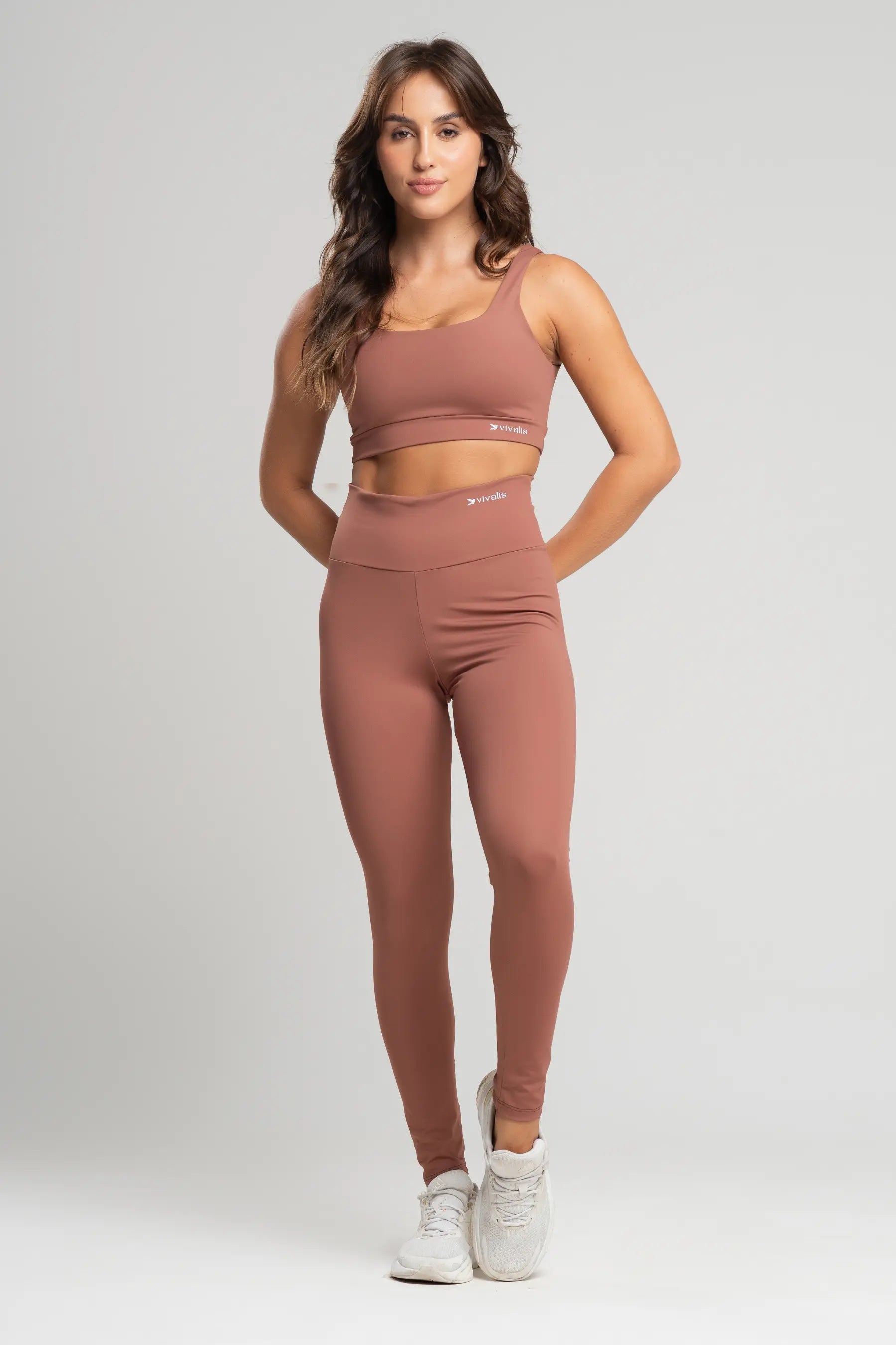Conjunto fitness feminino balance com top e legging mocha mousse para academia
