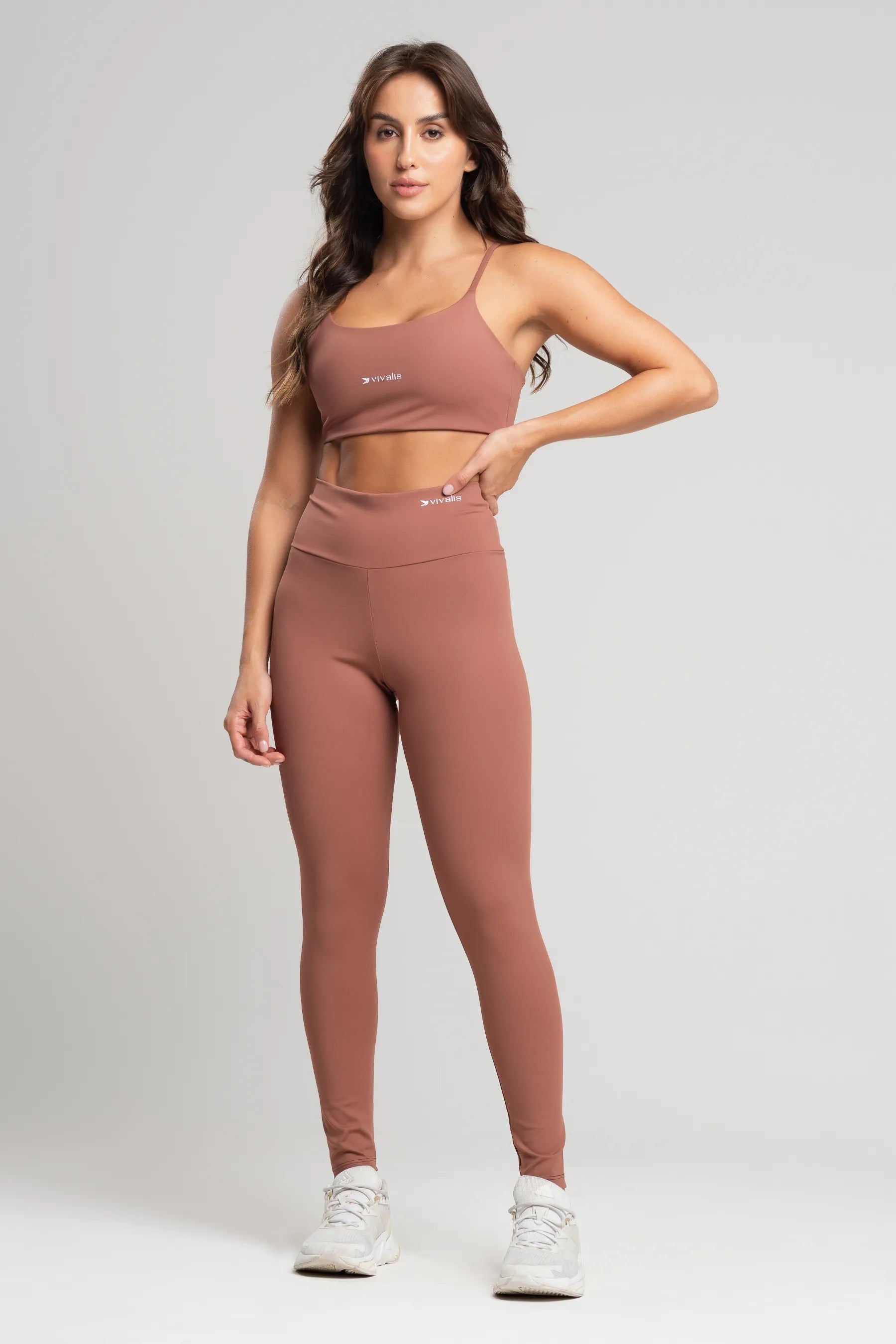 Conjunto fitness feminino essence com top e legging mocha mousse para academia