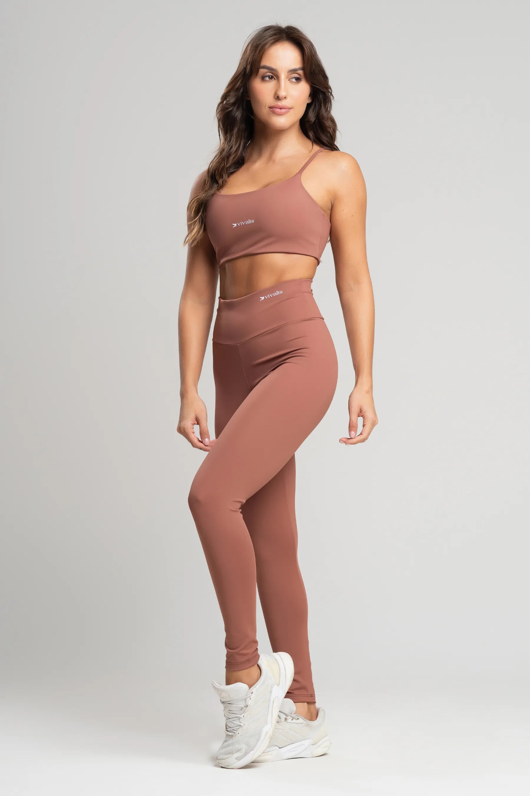 Conjunto fitness feminino essence com top e legging mocha mousse para academia