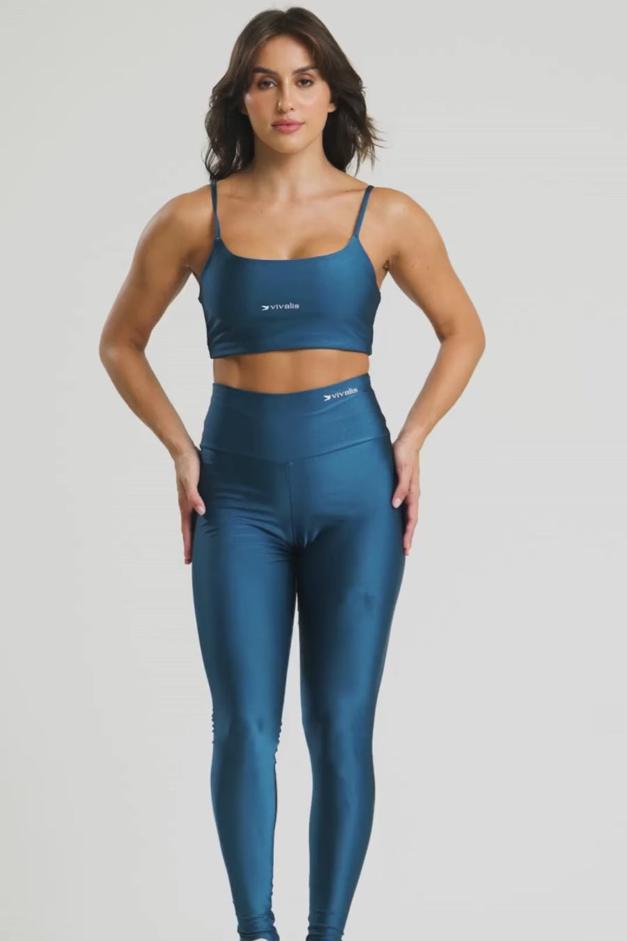 Conjunto fitness feminino essence com top e legging azul petróleo para academia