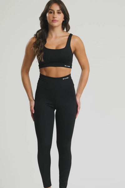 Conjunto fitness feminino balance com top e legging preto para academia
