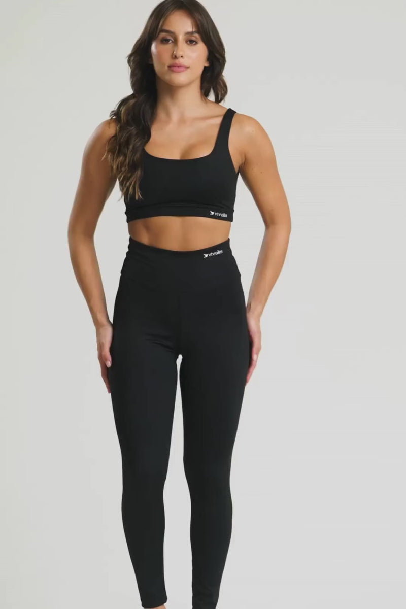 Conjunto fitness feminino balance com top e legging preto para academia