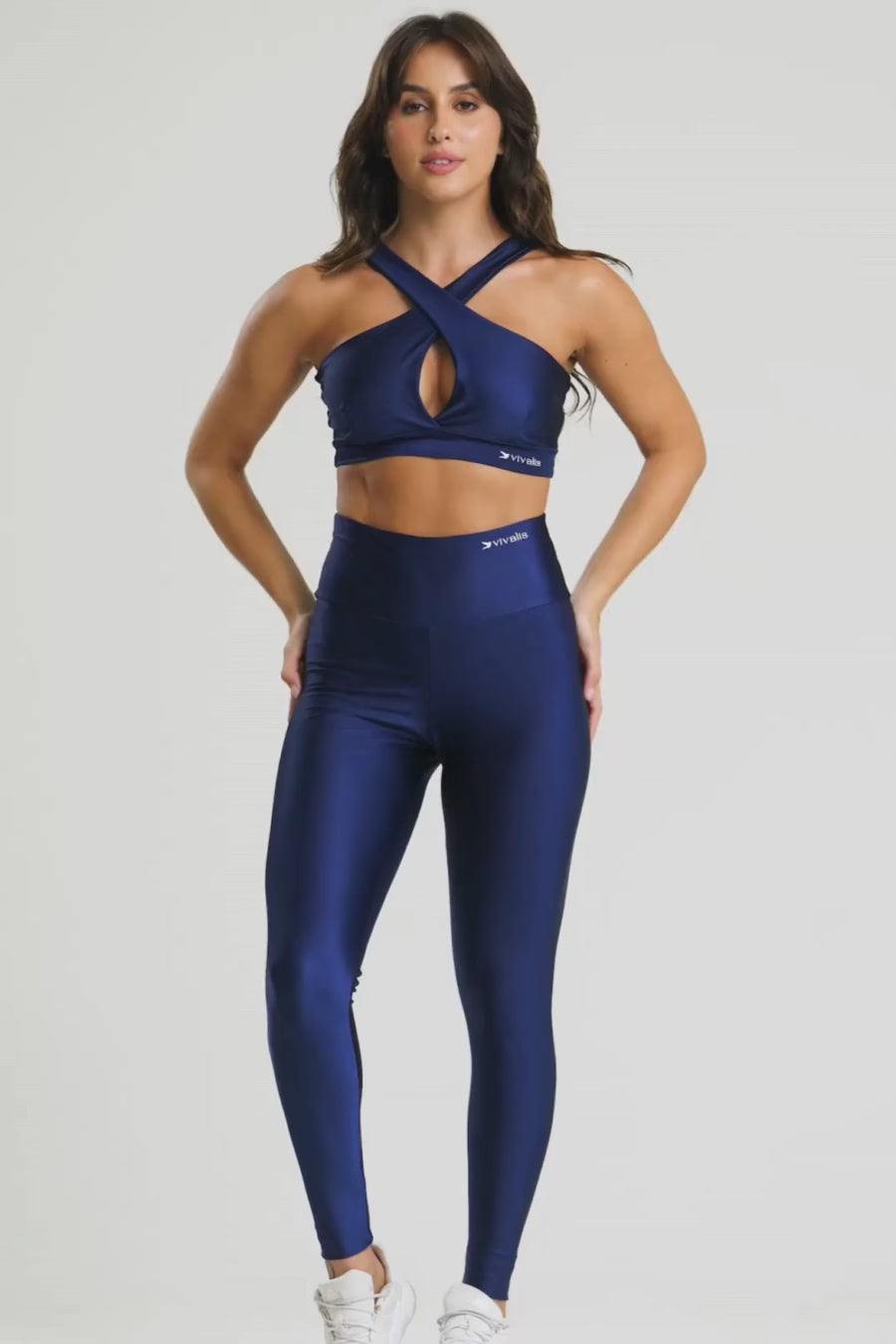 Conjunto fitness feminino flow com top e legging azul pacífico para academia