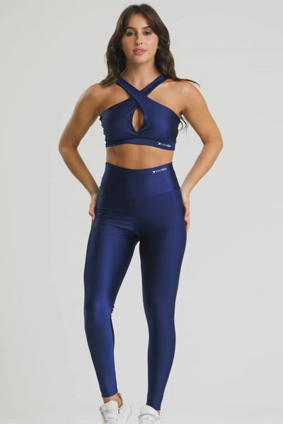 Conjunto fitness feminino flow com top e legging azul pacífico para academia