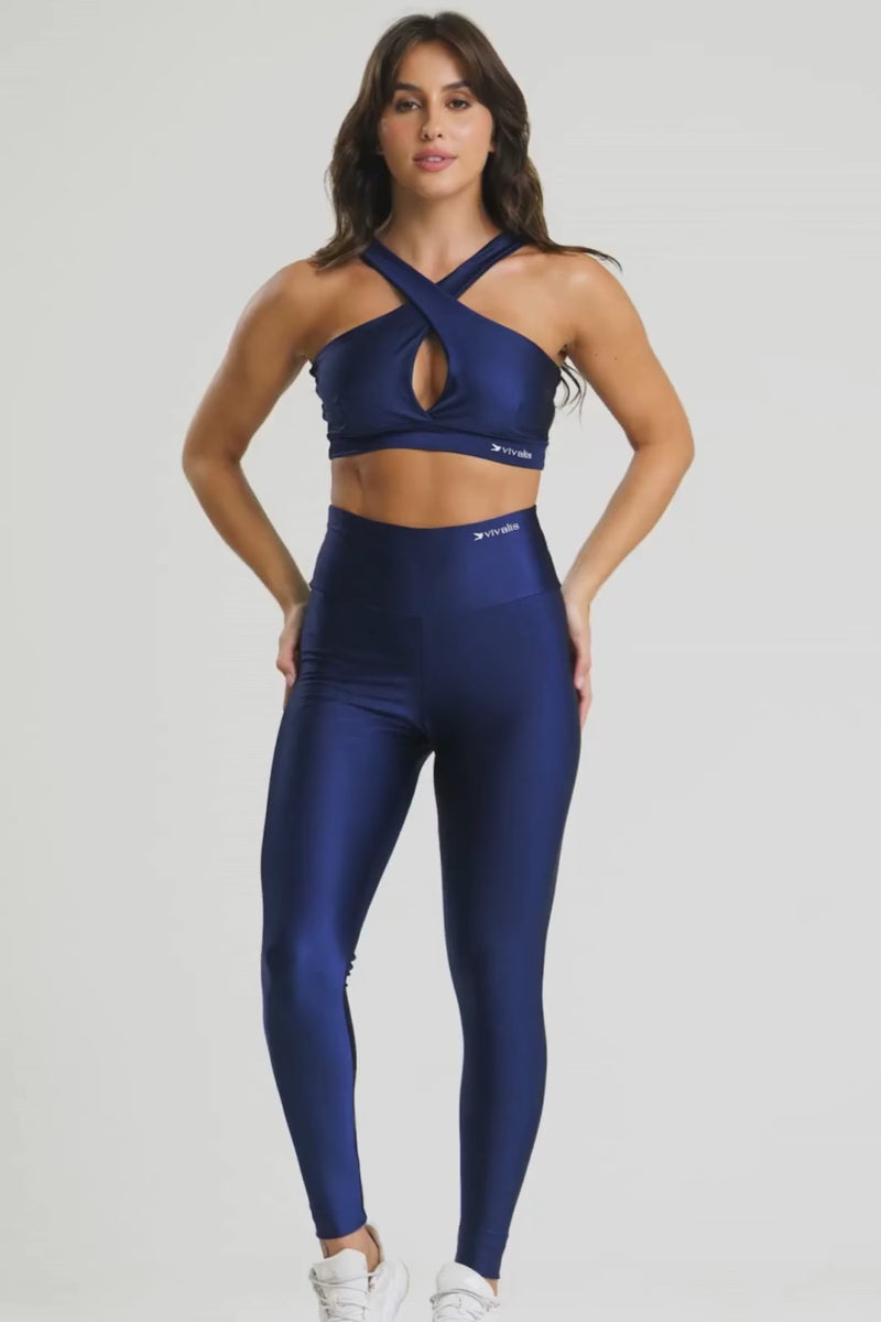 Conjunto fitness feminino flow com top e legging azul pacífico para academia