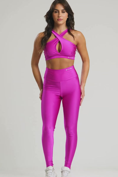 Conjunto fitness feminino flow com top e legging fúcsia para academia