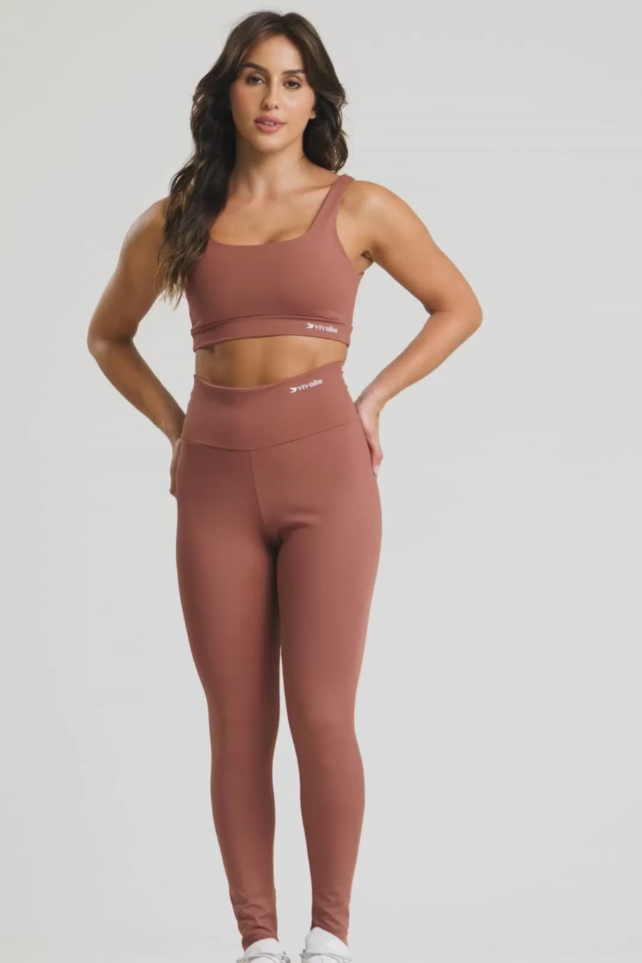 Conjunto fitness feminino balance com top e legging mocha mousse para academia