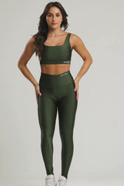 Conjunto fitness feminino balance com top e legging verde cacto para academia